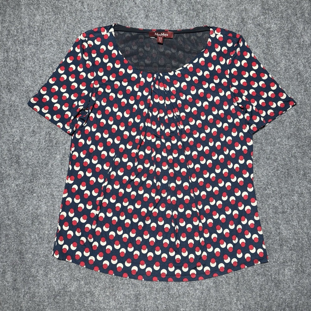 Max Mara Studio Navy Red & White Polka Dot Round Neck Blouse Women XL Top